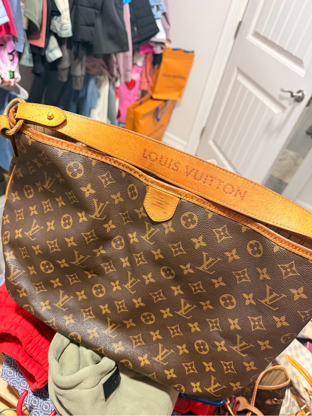 Authentic Louis Vuitton Brown Monogram Canvas Shoulder Bag with Tan Trim